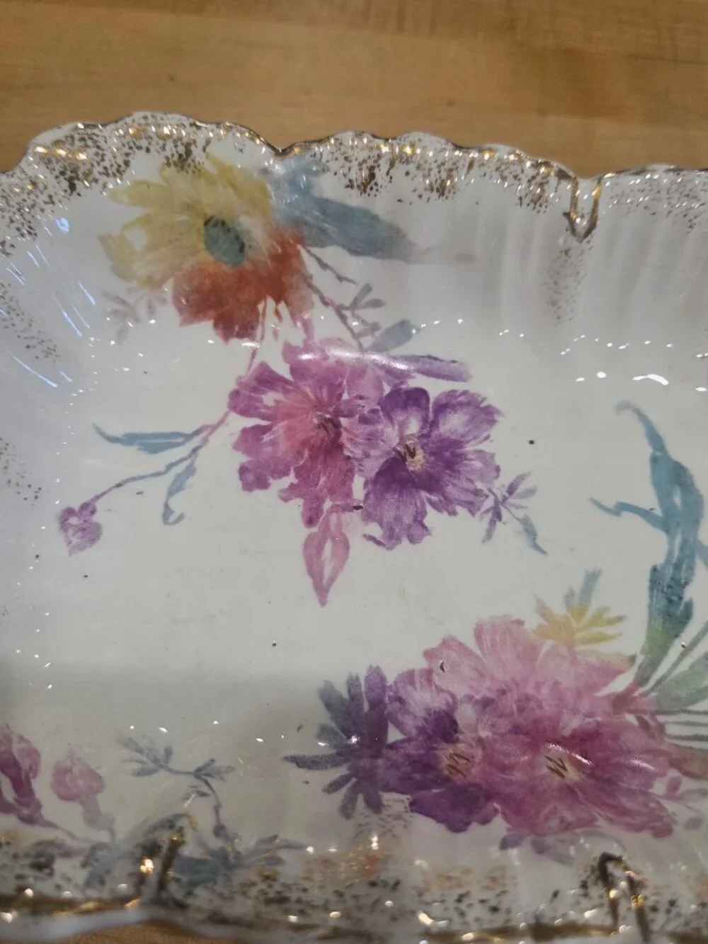 Antique Victoria Austria Porcelain Floral Celery Dish Scalloped Gold Trim